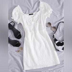 Floerns Women's Sweetheart Neck Puff Sleeve Ruch Frill Trim Tie Front Mini Dress